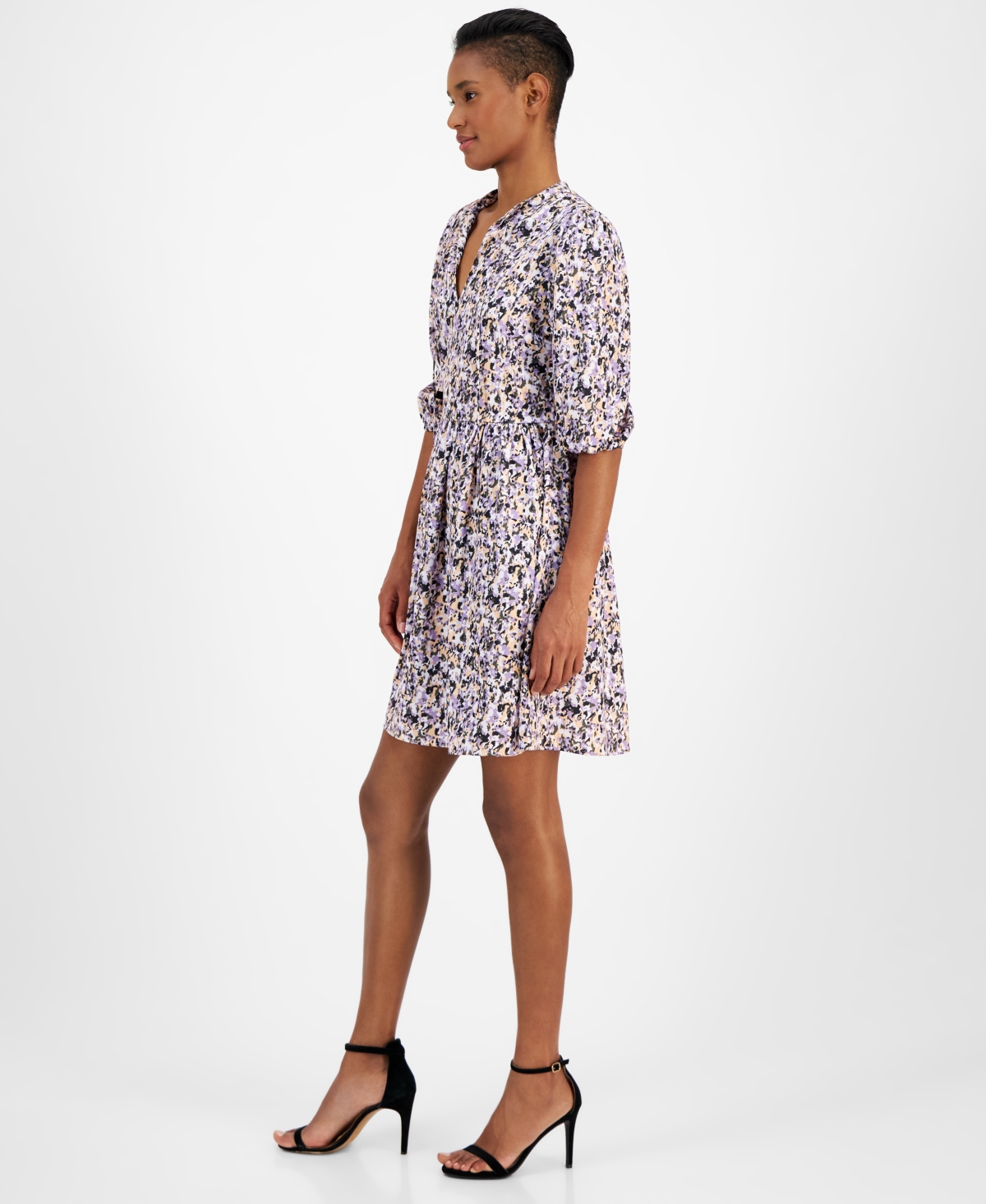 Hugo Boss Cropped-sleeve Dress In Hammered Satin With Seasonal Print In Multi