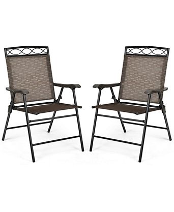 Set of 2 Patio Folding Chairs Sling Portable Dining Chair Set with Armrest