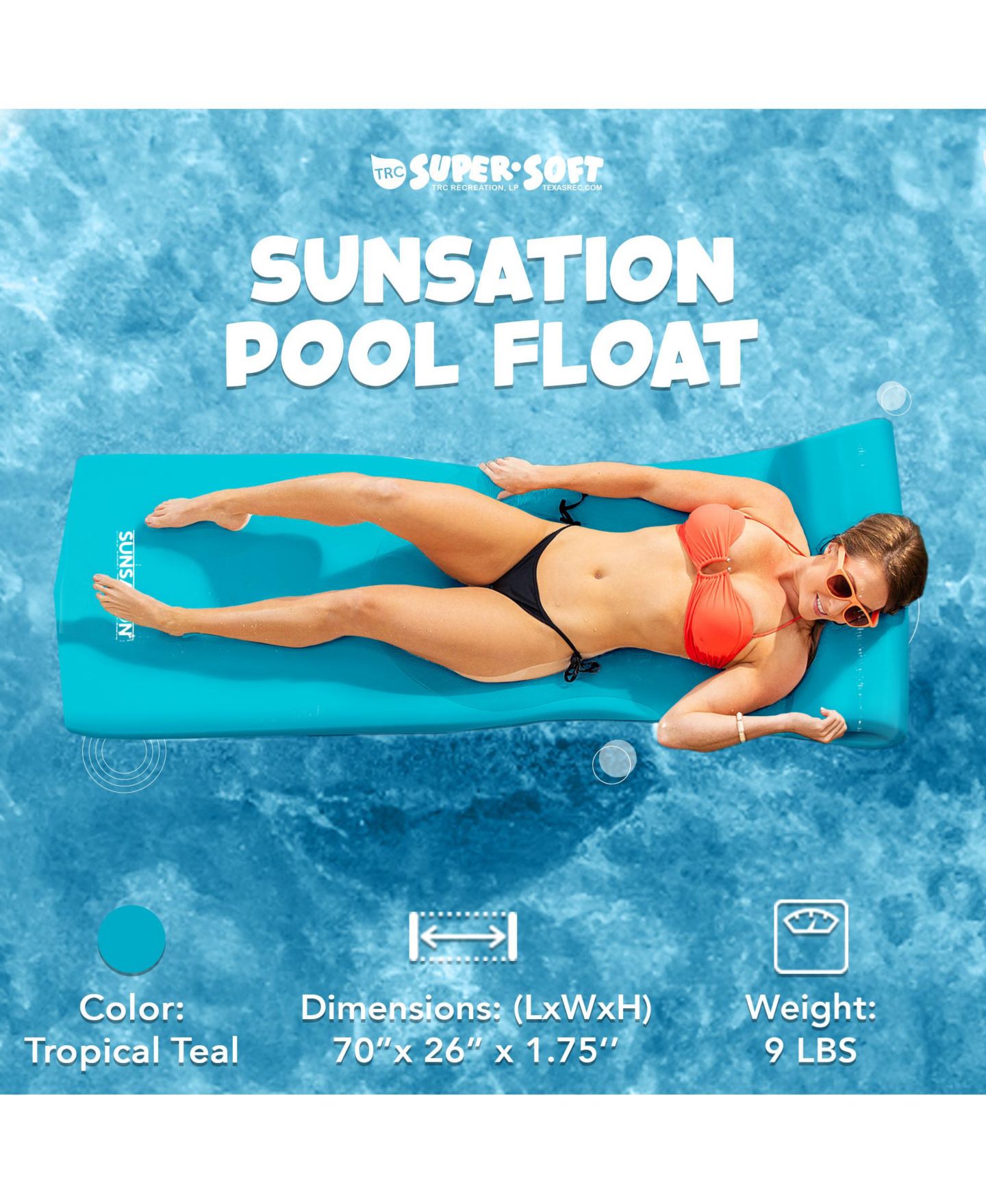 Детская игрушка TRC Recreation Sunsation 1.75" Thick Foam Lounger Raft Pool Float, Tropical Teal — фото 10
