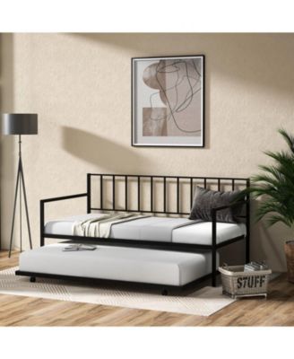 Twin Daybed Set with Metal Slat Support and Roll-Out Trundle
