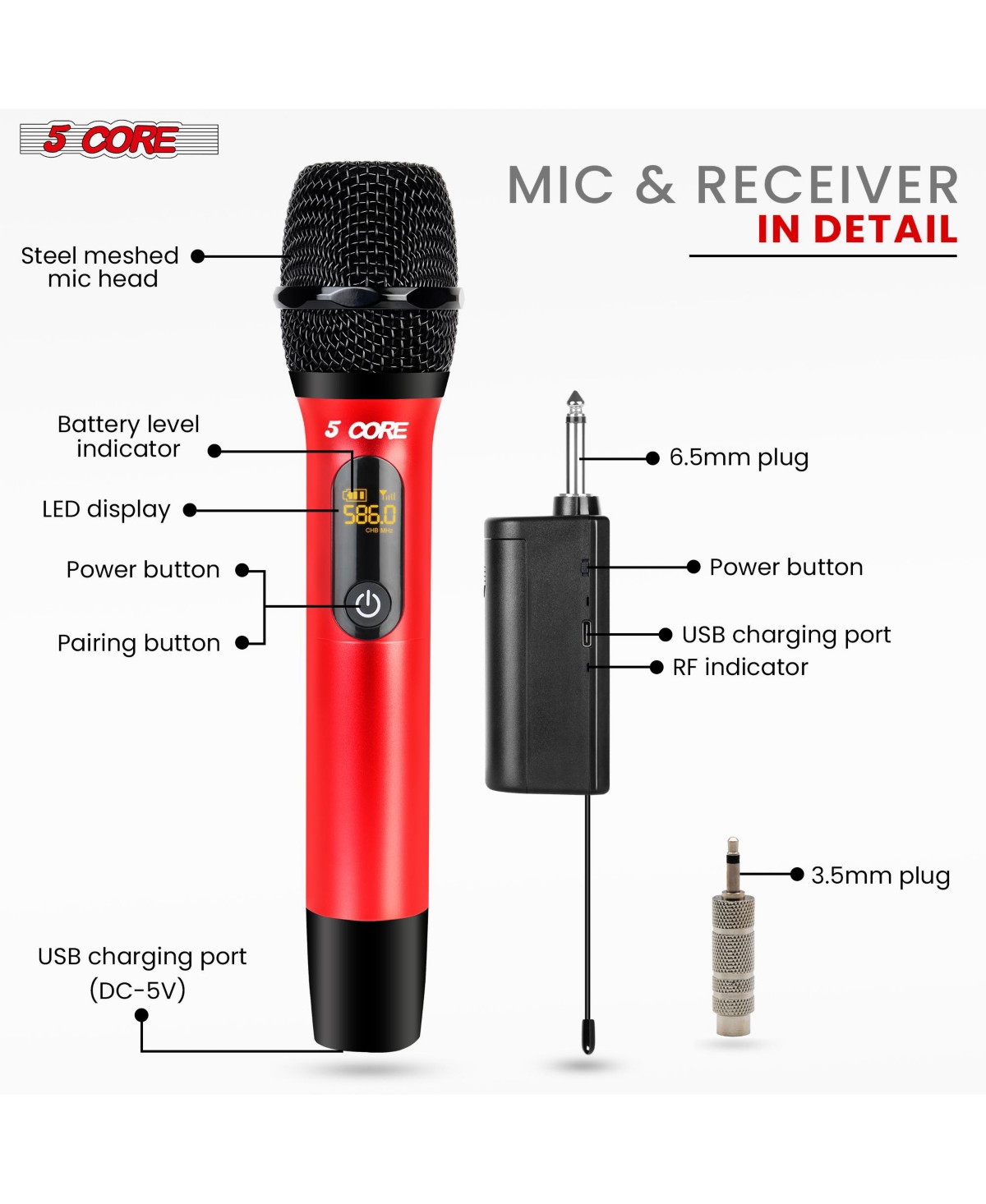 5 Core Wireless Microphone Pair Uhf Professional Handheld Microfonos Inalambricos Cordless Mic System Wm Uhf 02-red+Blk - Red  Black