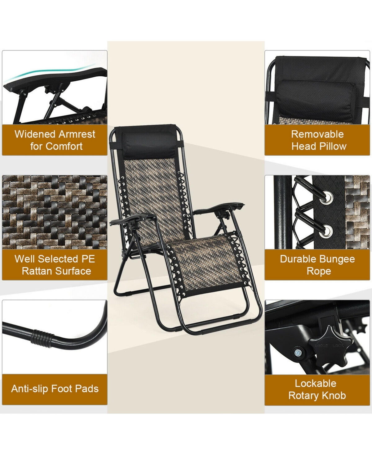 Gymax Set of 2 Folding Rattan Patio Zero Gravity Lounge Chair Recliner w/ Headrest - Grey+black