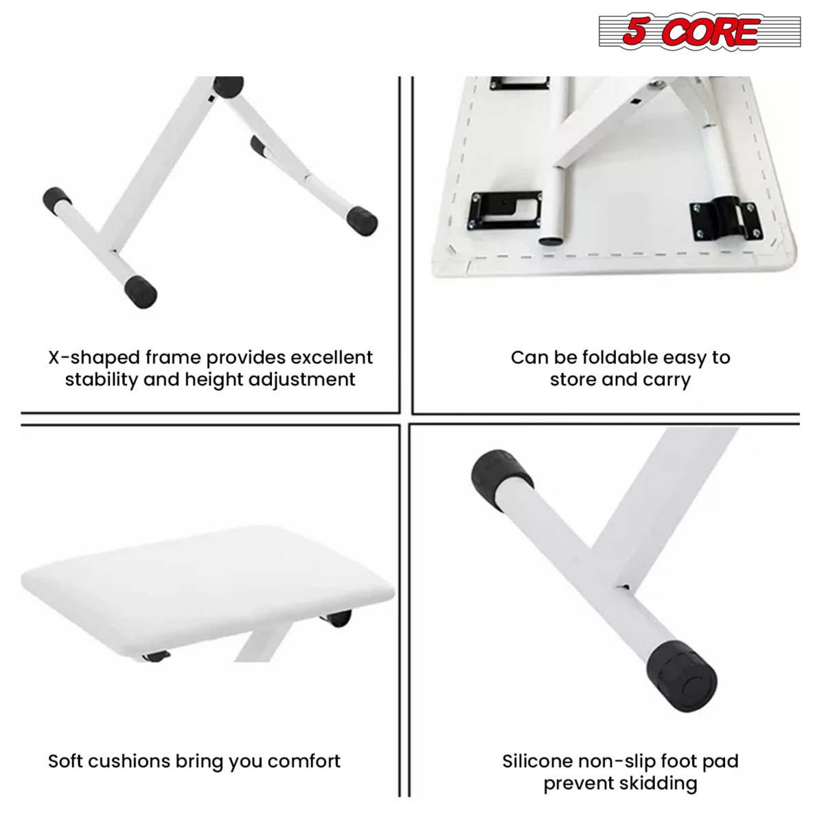 5 Core Keyboard Bench Pair X Style Piano Stool Thick Padded 12 to inch Adjustable Keyboards Chair- White