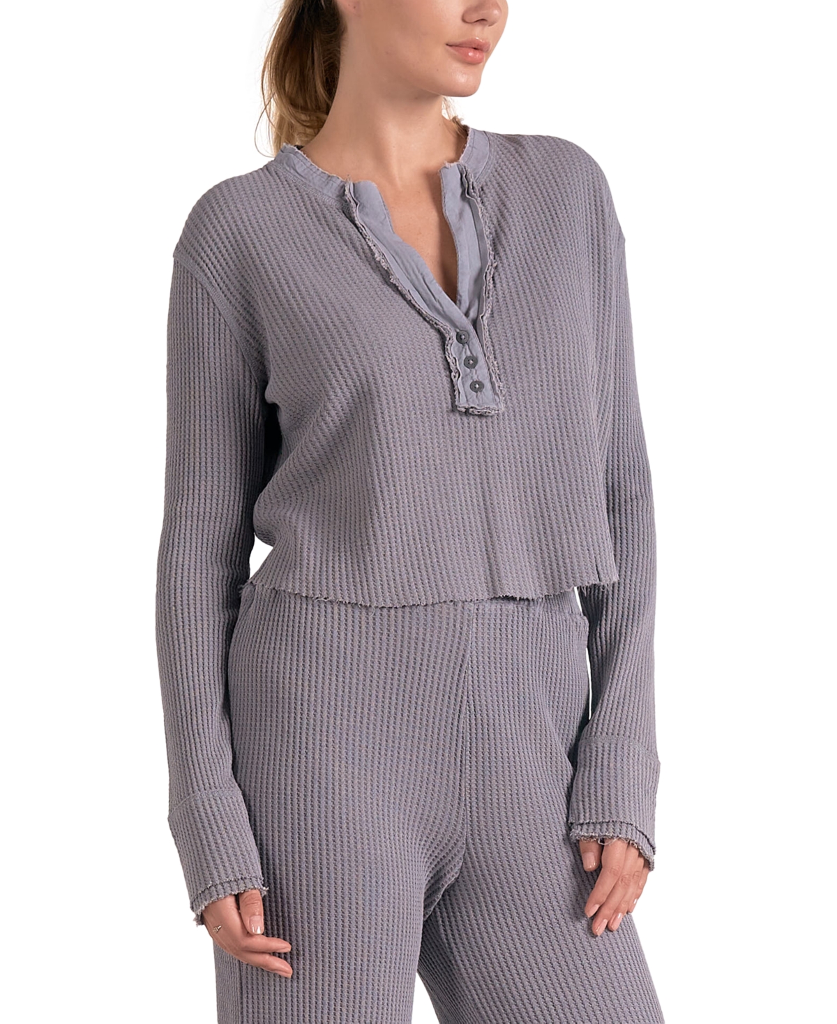 ELAN WOMEN'S WAFFLE-KNIT SPLIT-NECK TOP 
