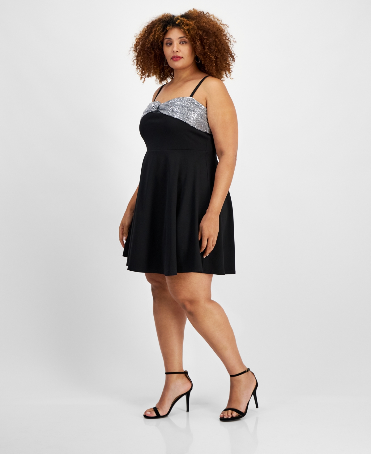City Studios Trendy Plus Size Sequined Knot-Front Fit & Flare Dress -blk