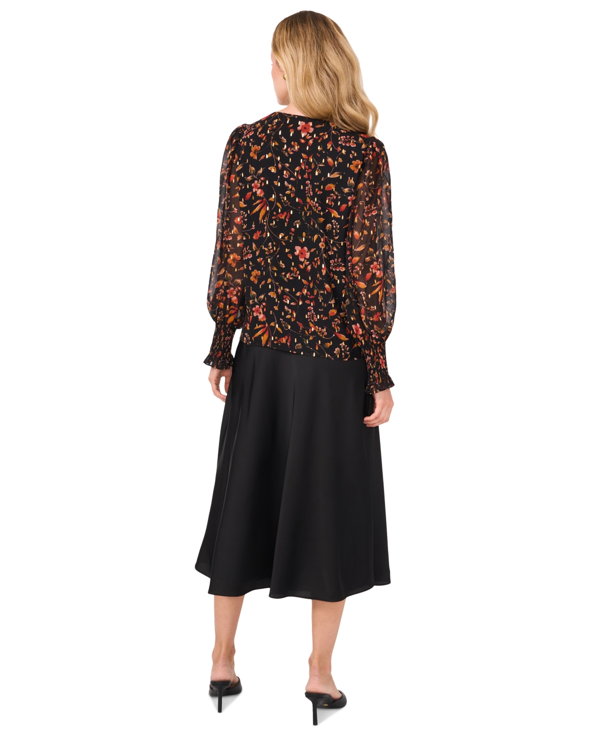 CeCe Women's Floral Print Foil Dot Blouson-Sleeve Blouse