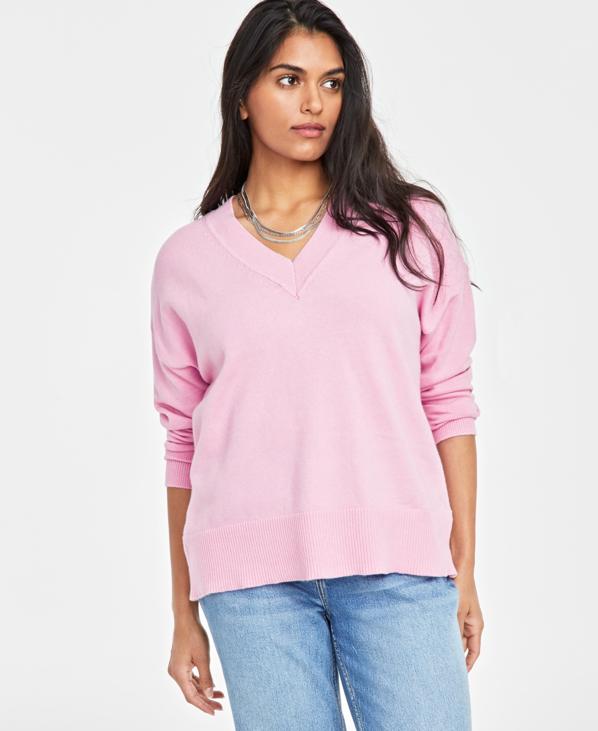 Shop On 34th Women's V-neck Dropped-shoulder Sweater, Created For Macy's In Pink Lilac