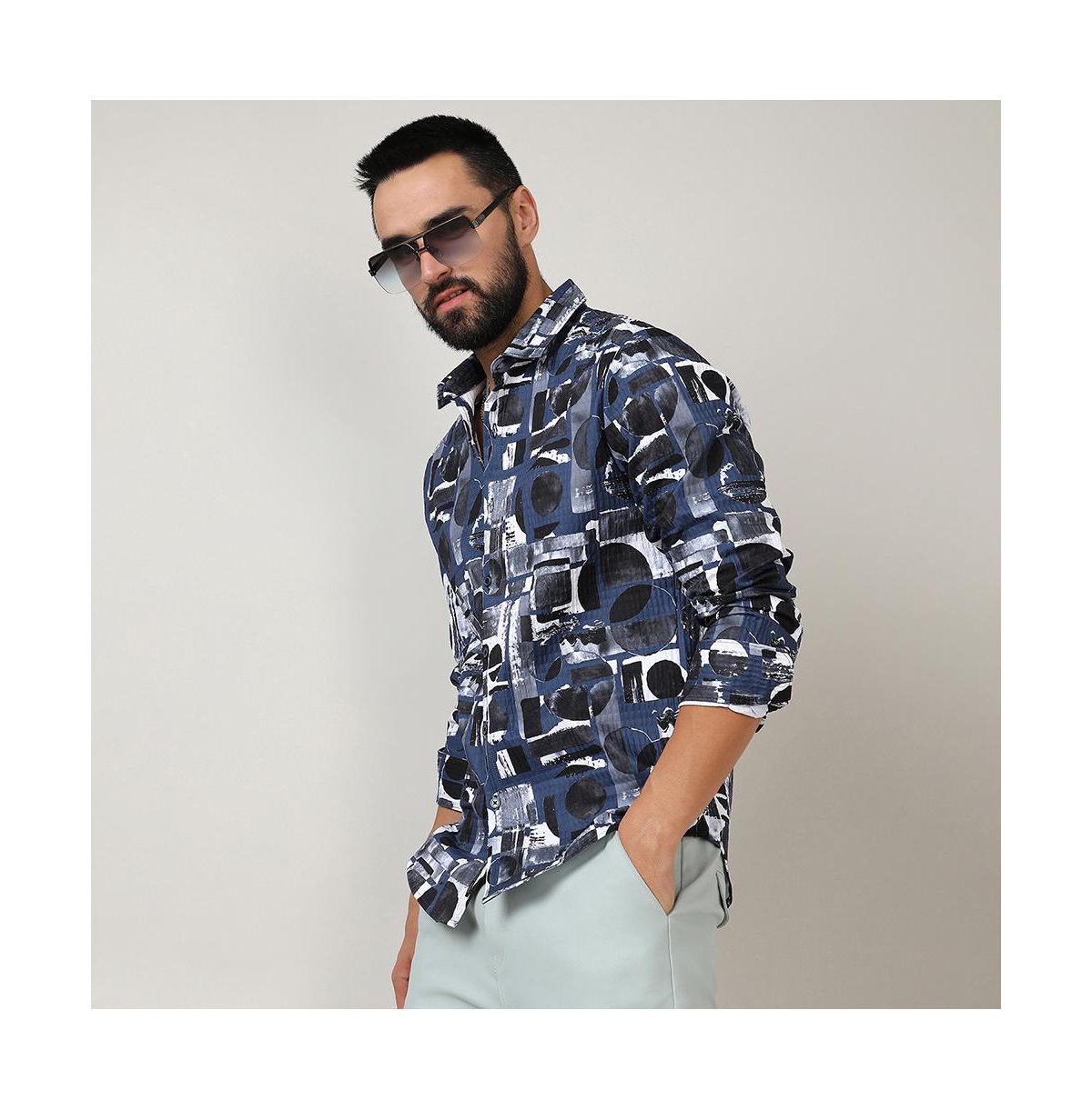 Campus Sutra Men's Navy& Midnight Black Abstract Geometric Shirt - Blue