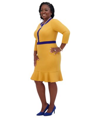 Women's Ruffled-Hem 3/4-Sleeve Contrast-Trim Dress