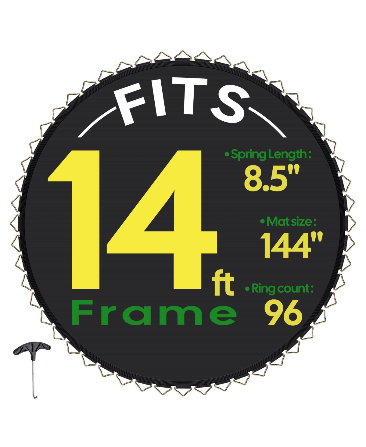 Trampoline Replacement Mat W/96V-Ring For 14" Trampoline Frame 8.5" Spring , Uv Resistant 8 Row Stitch Jumping Mat - Black