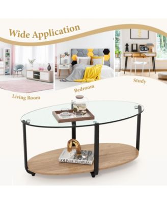 2-Tier Glass-Top Oval Coffee Table with Wooden Shelf for Living Room