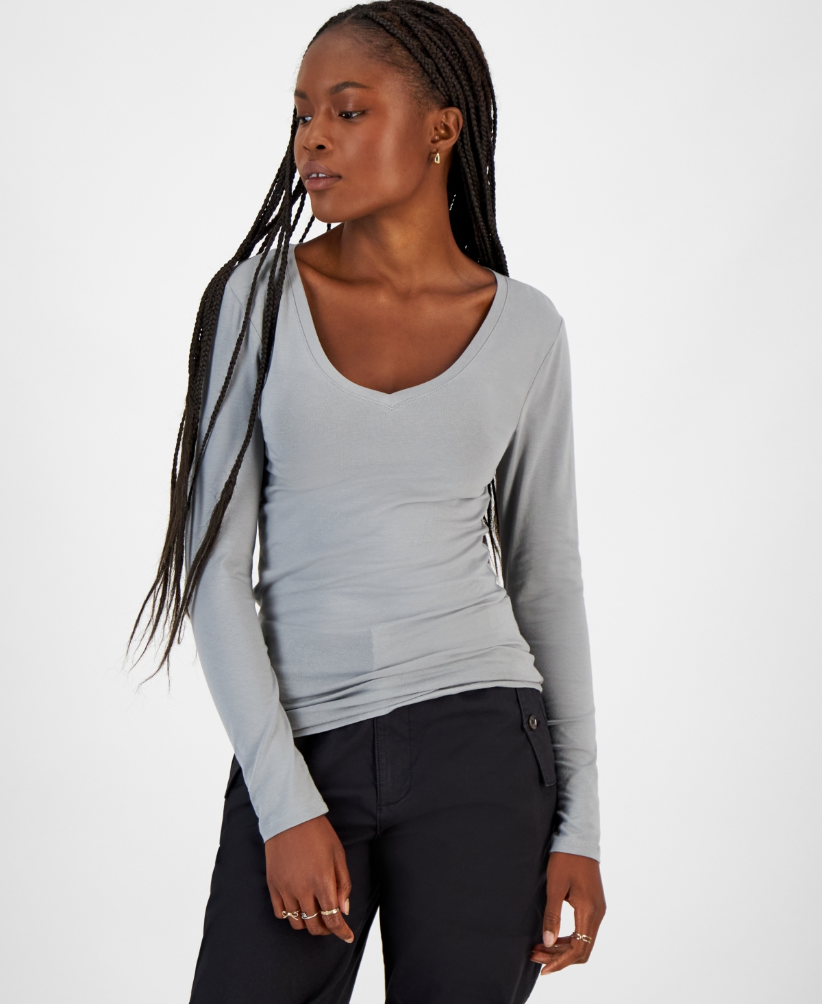 Juniors' V-Neck Long-Sleeved Top - Valerian 1