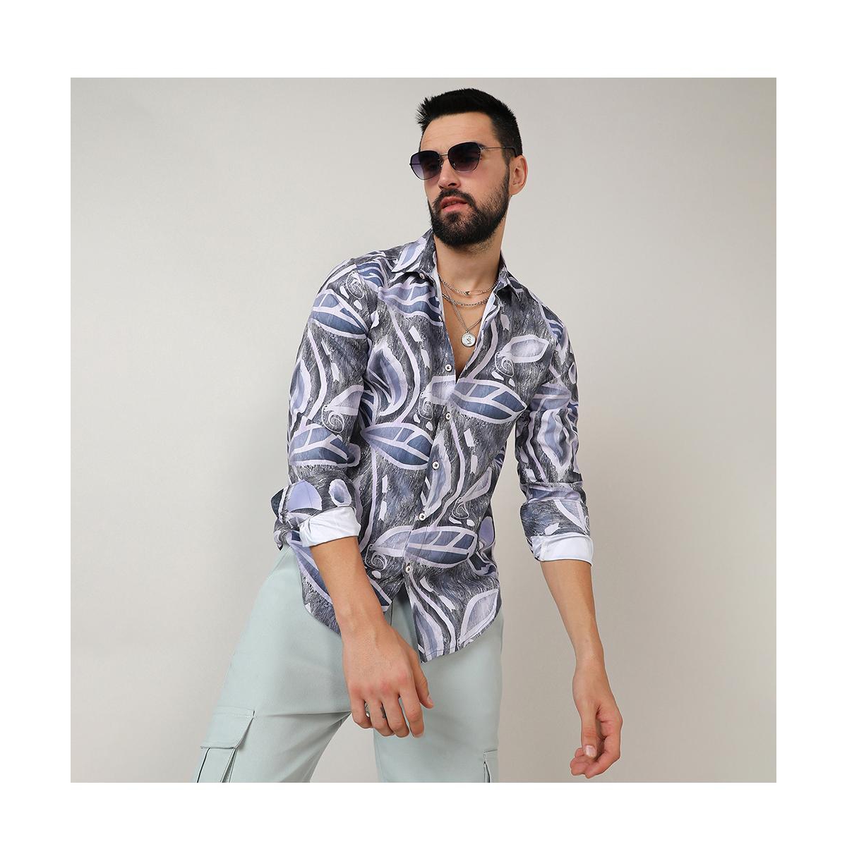 Campus Sutra Men's Charcoal Grey & PrussianMarble Foliage Shirt - Blue