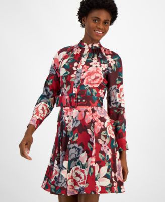 Tahari ASL Women's Mock-Neck Long-Sleeve Belted Fit & Flare Dress - Macy's