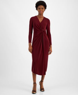 Anne Klein - Women's V-Neck Side-Ruched Jersey Midi Dress