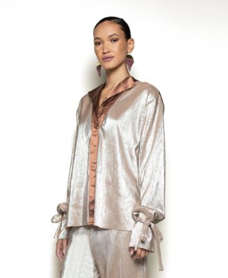 Women's Long Tie Sleeve Rose Gold Shimmer Pleated Tuxedo Top