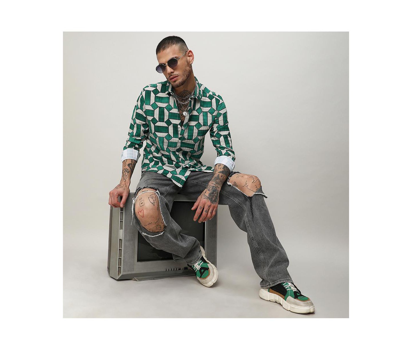 Мужская рубашка Cahoot Emerald Green & Ivory White Contrast Block, цвет: Белый — фото 4