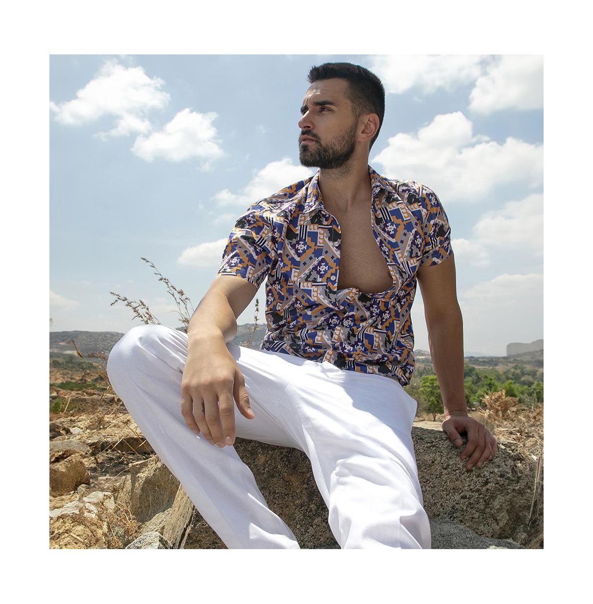 Campus Sutra Men's Sienna Brown & IndigoBohemian Shirt - Blue