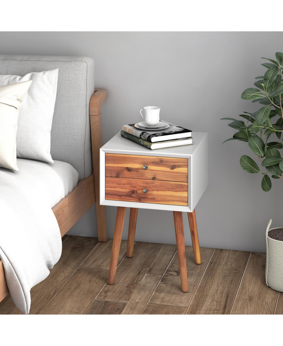Sugift Mid-Century Wooden Multipurpose End Table with 2 Storage Drawers