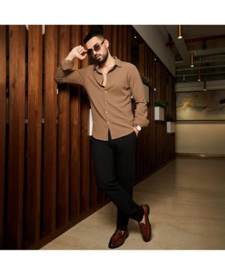 Men's Tan Brown Stripe-Creased Shirt