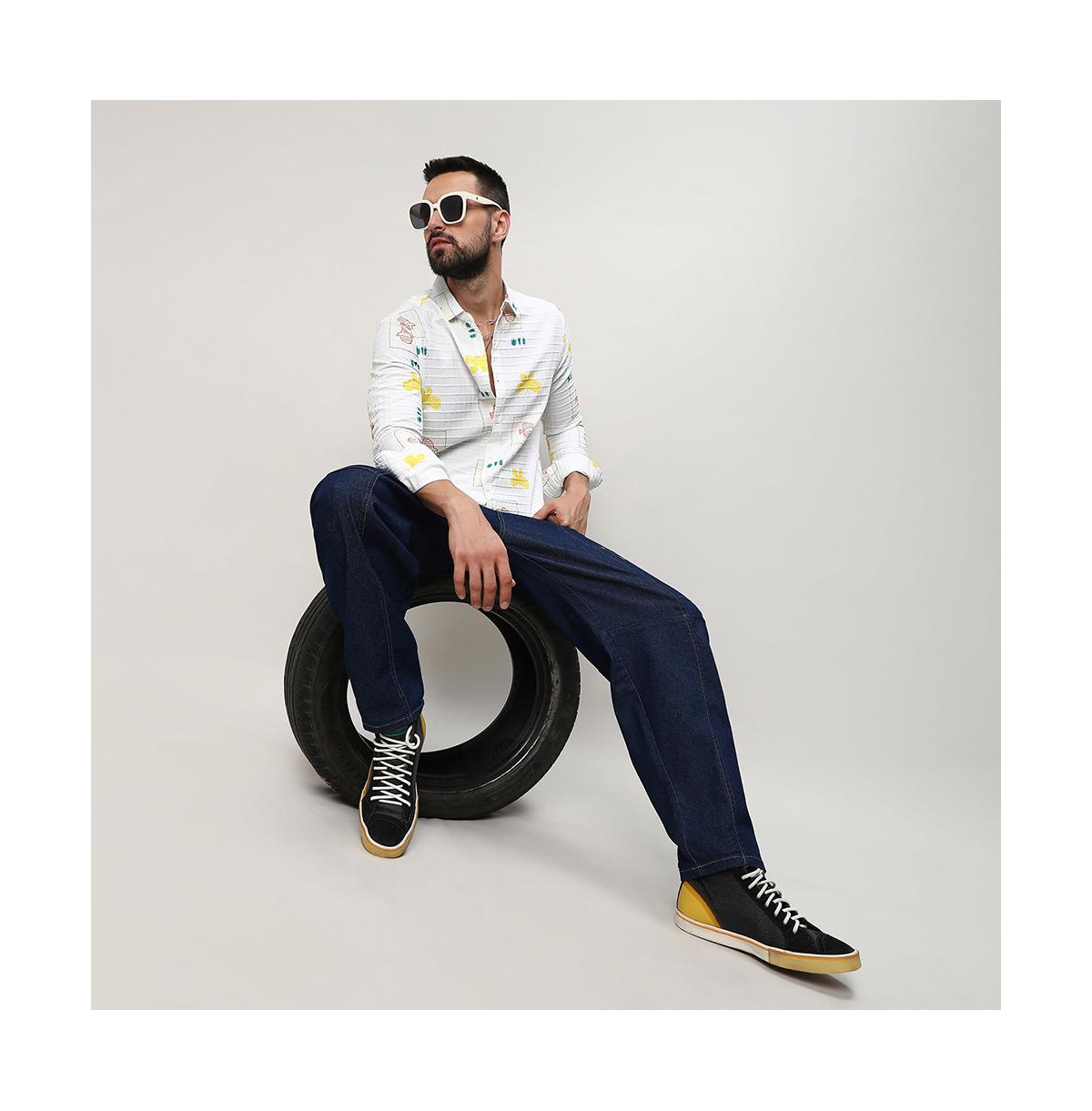 Campus Sutra Men's ChalkButterfly Pine Shirt - White