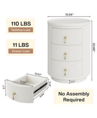 Nightstand with 3 Drawers, No Assembly Bedside Table Night Stand, Modern Round End Side Table with Storage and Gold Handles, White
