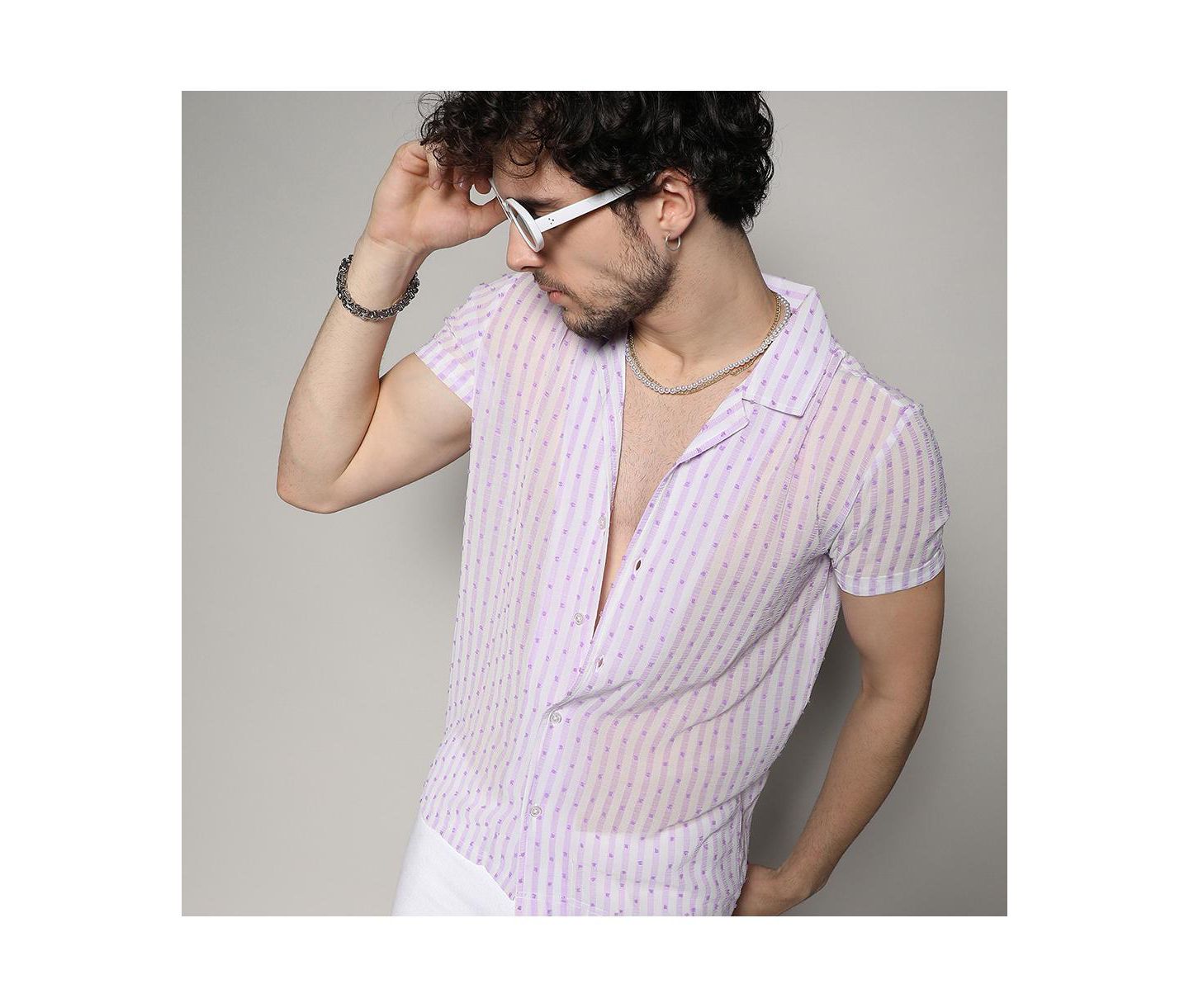 Мужская рубашка Cahoot Campus Sutra White & Lavender Balanced Striped, цвет: Белый — фото 5