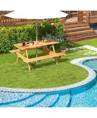 6 Person Picnic Table Set Patio Rectangle with 2 Built-in Benches and Umbrella Hole