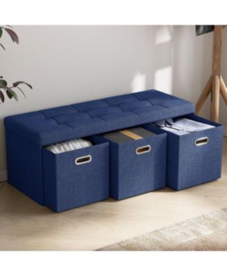 40" Linen Collapsible Tufted Linen Long Bench Storage Ottoman with 3 Drawers