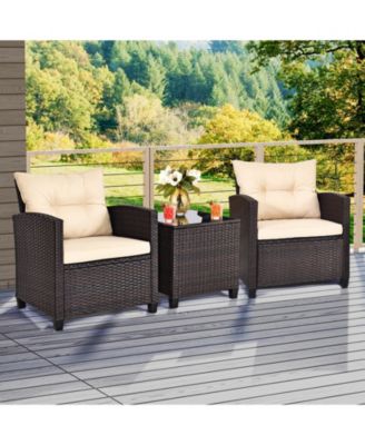 3 Pieces Patio Rattan Furniture Set with Washable Cushions and Tempered Glass Tabletop