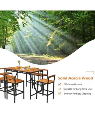 7 Pieces Acacia Wood Patio Rattan Bar Set with Umbrella Hole