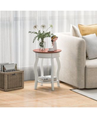 2-Tier Round End Table with Storage Shelf and Solid Rubber Wood Legs