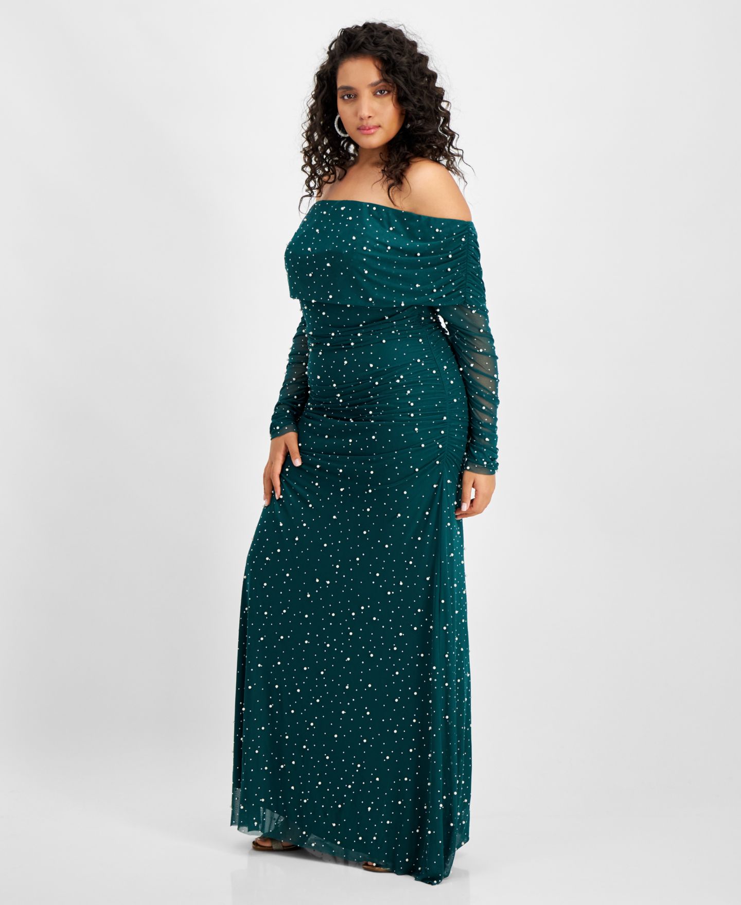 Женские платья B Darlin Trendy Plus Size Off-The-Shoulder Pearl Gown, цвет: Тёмно-синий — фото 7