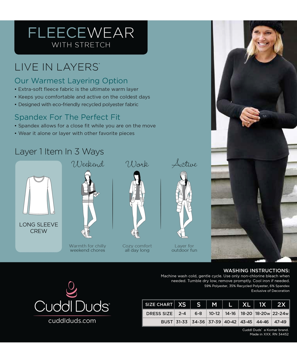 CUDDL DUDS FLEECEWEAR STRETCH CREWNECK TOP 