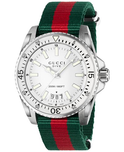 Gucci Men's Swiss Dive Green and Red Nylon Strap Watch 45mm YA136207 ...