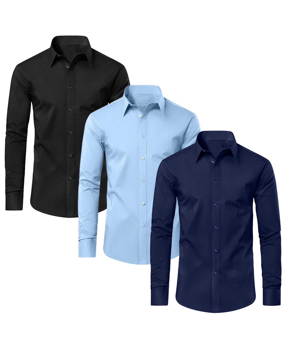 Blue Ice Men's Long Sleeve Classic Dress Shirt- 3 Pack - Black - Light Blue - Navy