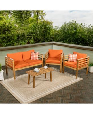 Thom 4-Piece Mid-Century Modern Acacia Wood Outdoor Patio Set with Cushions and Plaid Decorative Pillows, Gray/Teak Brown