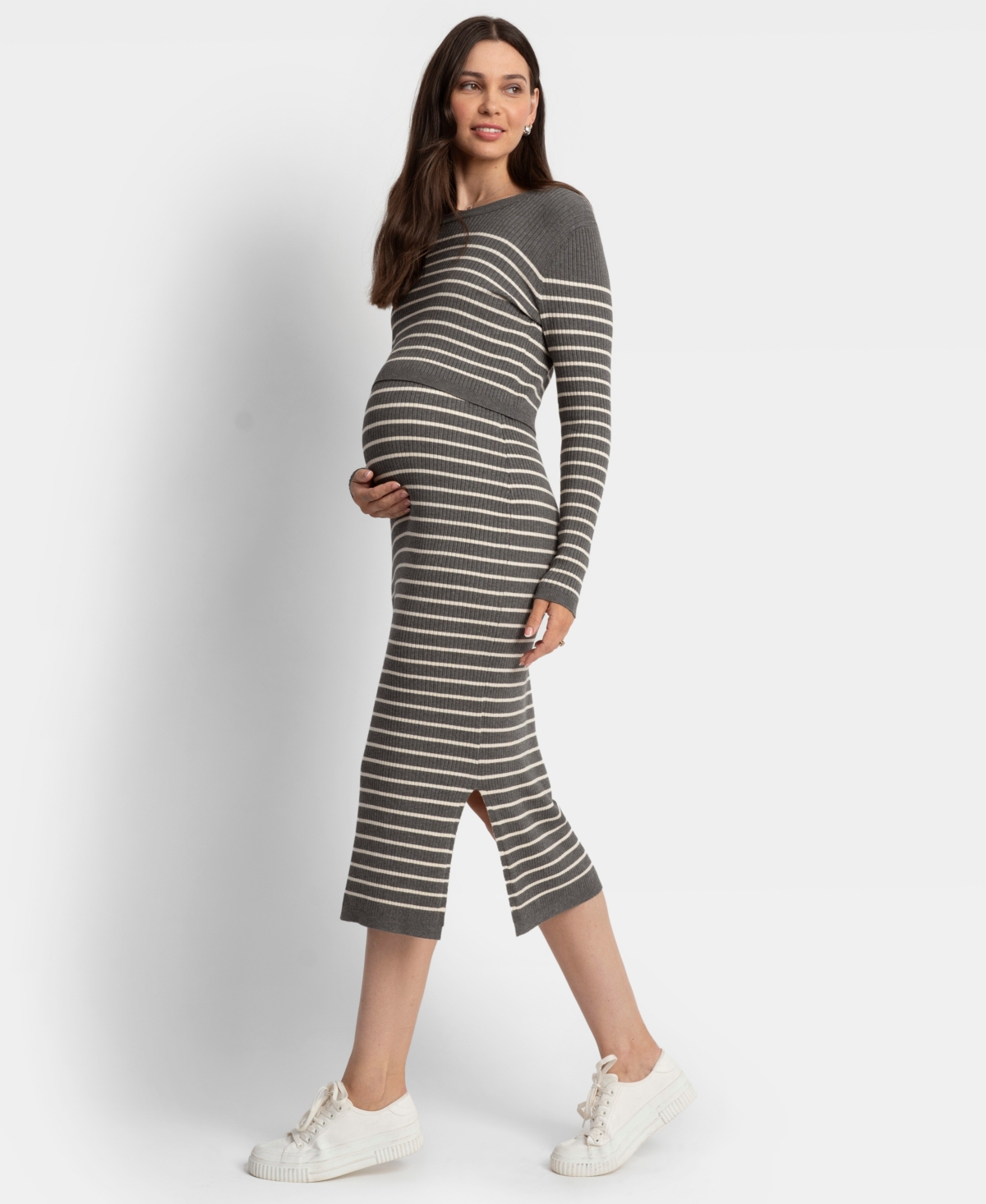 Shop Seraphine Women's Maternity Soft-stretch Ribbed Sweater Midi Dress In Gray White