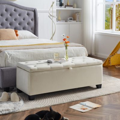 Streamdale Beige Velvet Ottoman Entryway/Bedroom/Living Room