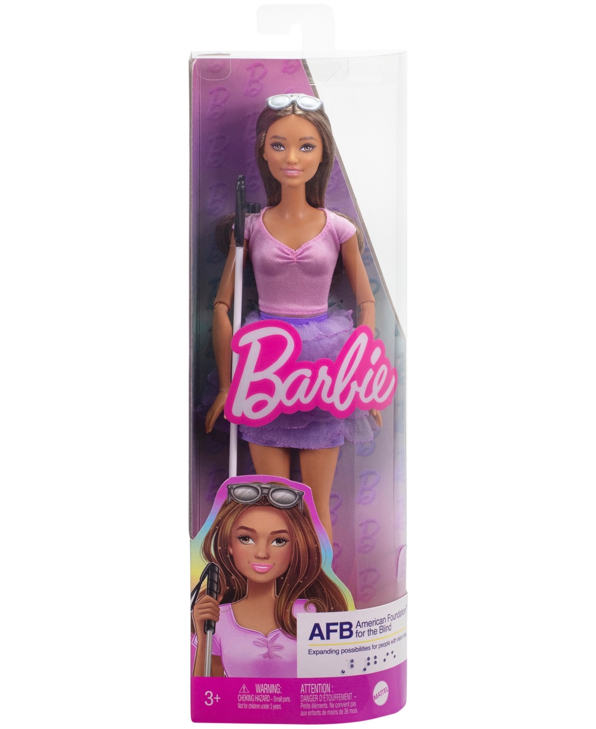 BARBIE FASHIONISTAS DOLL BROWN HAIR & EYES-BLIND DOLL WITH CANE AND SUNGLASSES 