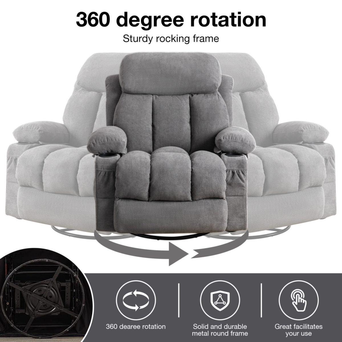 Streamdale Furniture Massage Function Sofa with 360° Swing, Heating, Usb, and Cup Holders