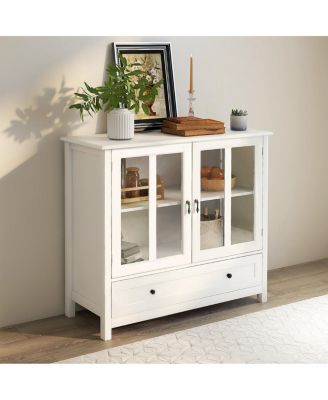 Buffet Storage Cabinet With Double Glass Doors And Unique Bell Handle