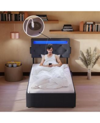 Twin Bed Frame with USB Charging, LED Lights, Headboard, Storage Drawers