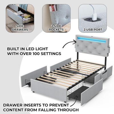 Twin Bed Frame with USB Charging, LED Lights, Headboard, & Storage Drawers
