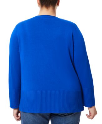 Plus Size Solid V-Neck High-Cuff Sweater