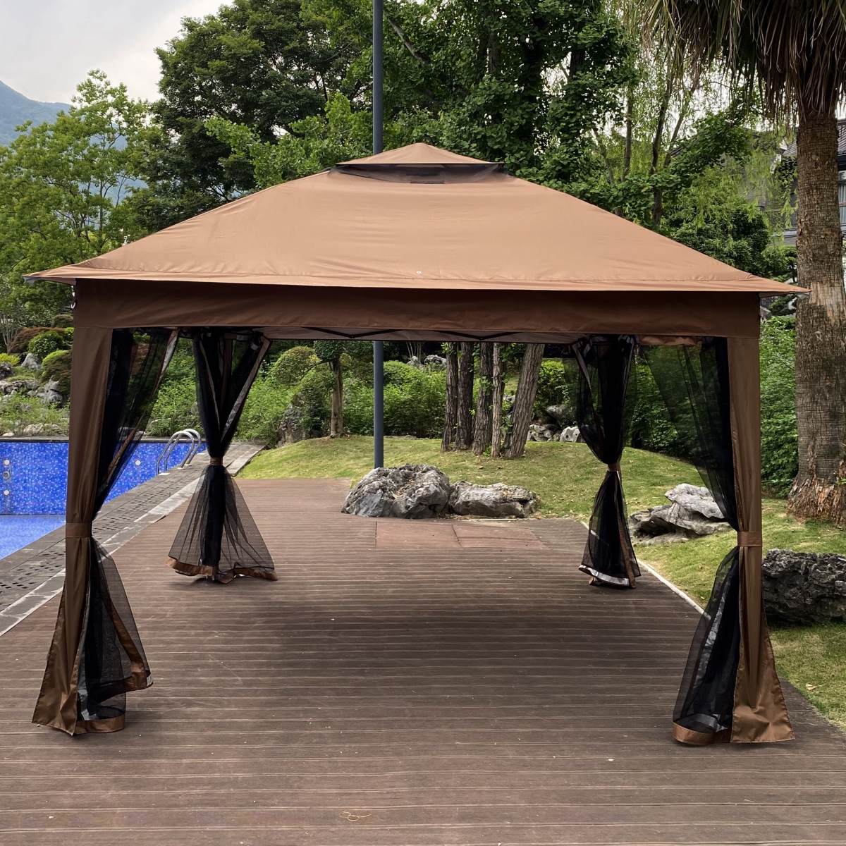 Streamdale Furniture Pop Up Gazebo Canopy With Netting, 2-Tier Soft Top Tent, 11x11FT,- Brown