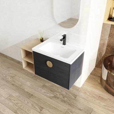 Wall-Mounted Vanity with Soft-Close Doors, Ceramic Basin, and Storage