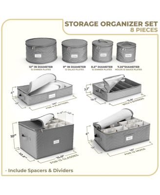 8 Piece Quilted China Dinnerware Storage Cases - for Dinnerware, Mugs, Cups (Gray)