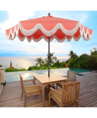 9ft Tassel Market Patio Umbrella Auto-Tilt, Crank, Wind Vent UV Protection
