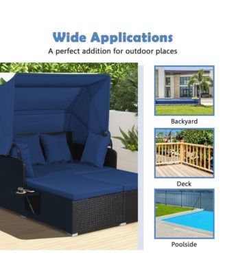 Patio Rattan Daybed Lounge Retractable Top Canopy Side Tables Cushions